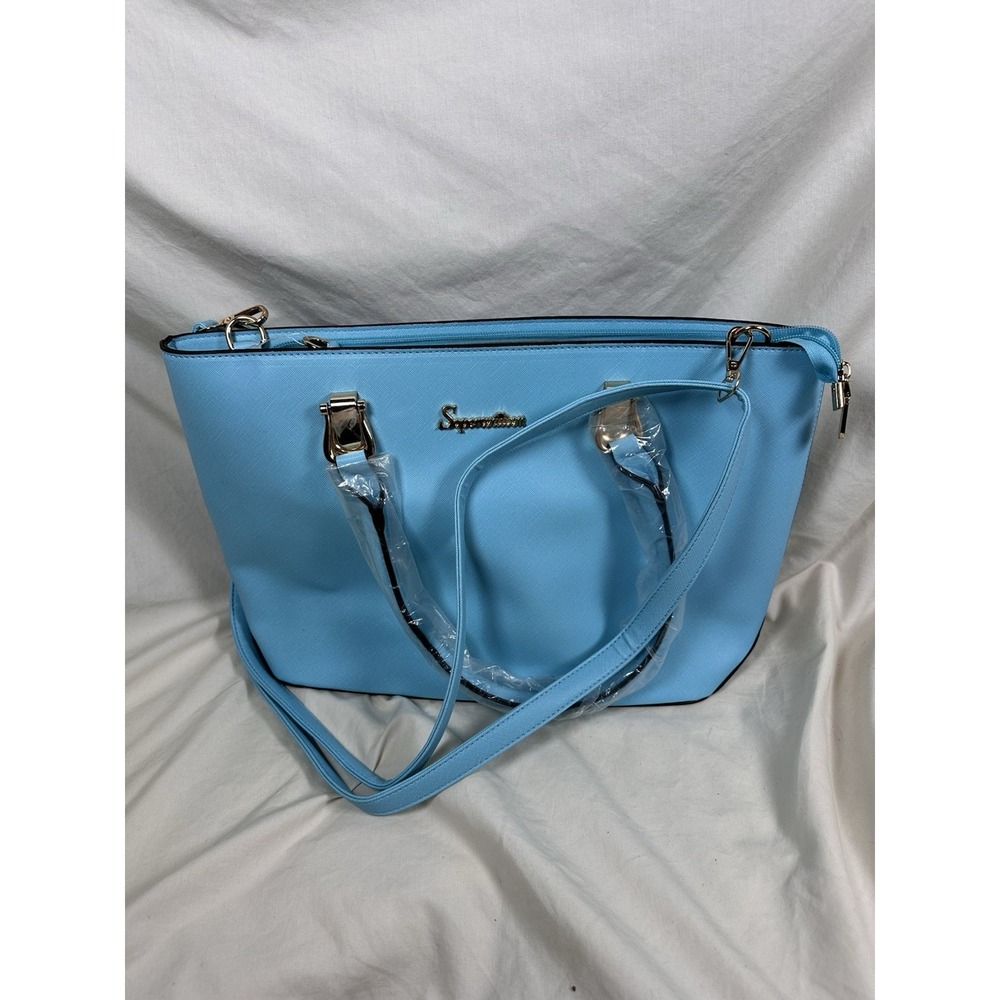 Soperwillton‎ Blue Saffiano Tote Shoulder Bag Matching Pouch Zip Top